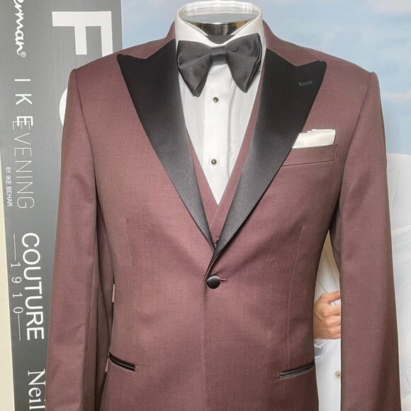 IKE BEHAR SLIM FIT TUXEDO; COAT PANT; VEST - BURGUNDY - Picture 8 of 14